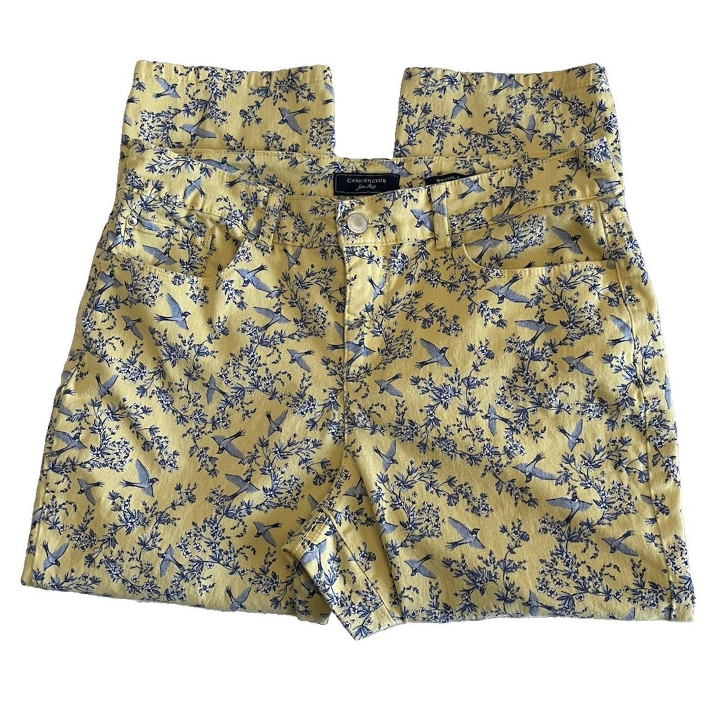 Charter Club Bristol Capri Pants Size 10 Yellow Blue Bird Floral Stretch Cotton
